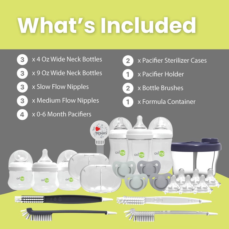AVIMA Anti Colic Baby Bottle Starter Set - 22 Pieces, Medium & Slow Flow Nipples, Infant Pacifiers, Formula Dispensers & More - Baby Bottle Sets for Newborn 0-6 Months - Image 2